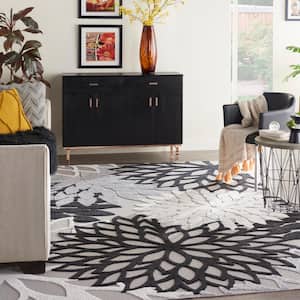 Aloha Contemporary Black White 10 ft. x 13 ft. Floral Indoor/Outdoor Patio Area Rug