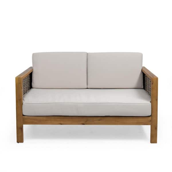 Teak and Beige 2-Piece Wood Patio Conversation Set with Wicker Accents​