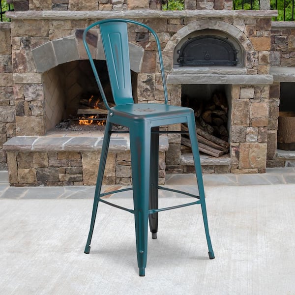 30 in. Distressed Kelly Blue Metal Bar Stool
