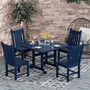 Hayes 5-Piece HDPE Plastic All Weather Outdoor Patio Square Trestle Table Dining Set with Side Chairs in Navy Blue
