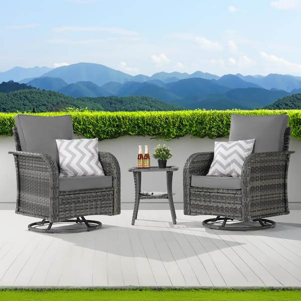 Gray 3-Piece Patio Wicker Swivel Chair Outdoor Bistro Set with Gray Cushion