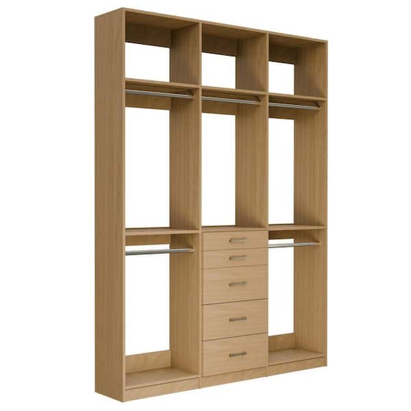 Alto Collection 73.5 in W Oak Wall Mounted 2 Double Hang and 5-Drawer w Extensions Wood Closet System