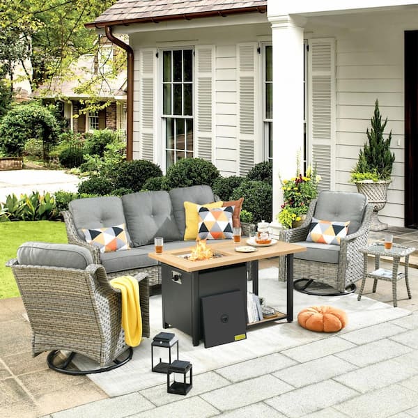 weaxty W Tulip D Gray 5-Piece Wicker Patio Storage Fire Pit Conversation Set with Swivel Rocking Chairs and Dark Gray Cushions