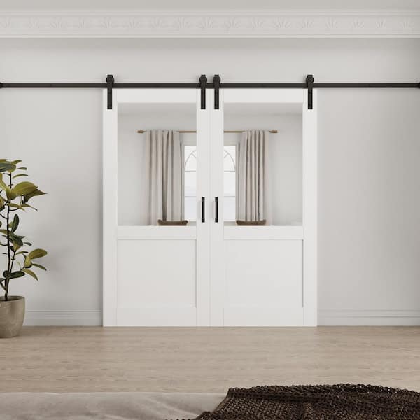72 in. x 80 in. 1/2-Lite Tempered Clear Glass White Primed Solid Core MDF Sliding Barn Door with Hardware Kit