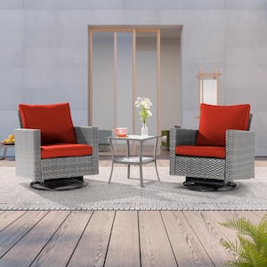 3-Piece Gray Wicker Patio Bistro Set Swivel Rocking Chairs with Side Table, Rust Red