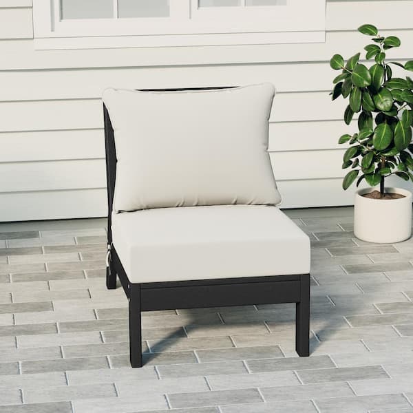 Birchwood Outdoor Patio Deep Seating HDPE Armless Lounge Chair in Black with White Cushions