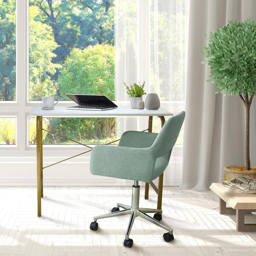 Compact Faux White Marble and Brass Corner Desk