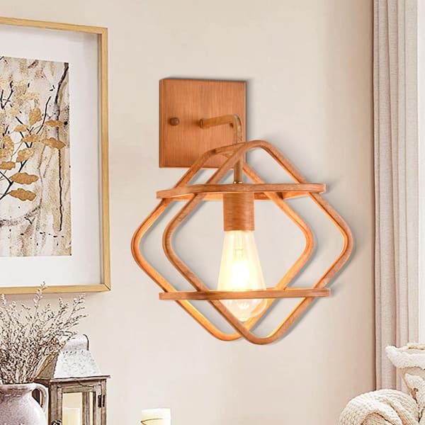 Cielo 10 in. 1-Light Wood-Look Finish Modern Geometric Wall Sconce, Open Frame, Contemporary Statement Light, E26 Base
