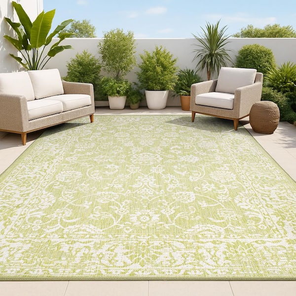 Tela Bohemian Textured Weave Floral Green/Cream 8 ft. x 10 ft. Indoor/Outdoor Area Rug