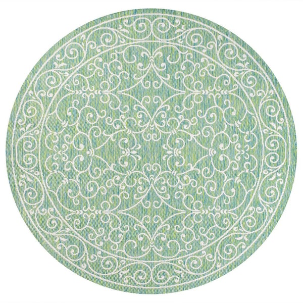 Charleston Vintage Filigree Textured Weave Green/Ivory 5 ft. Round Indoor/Outdoor Area Rug