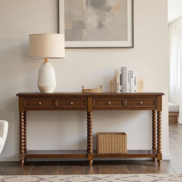 Herme 60 in. Walnut Rectangle Wood Console Table with Solid Wood Legs