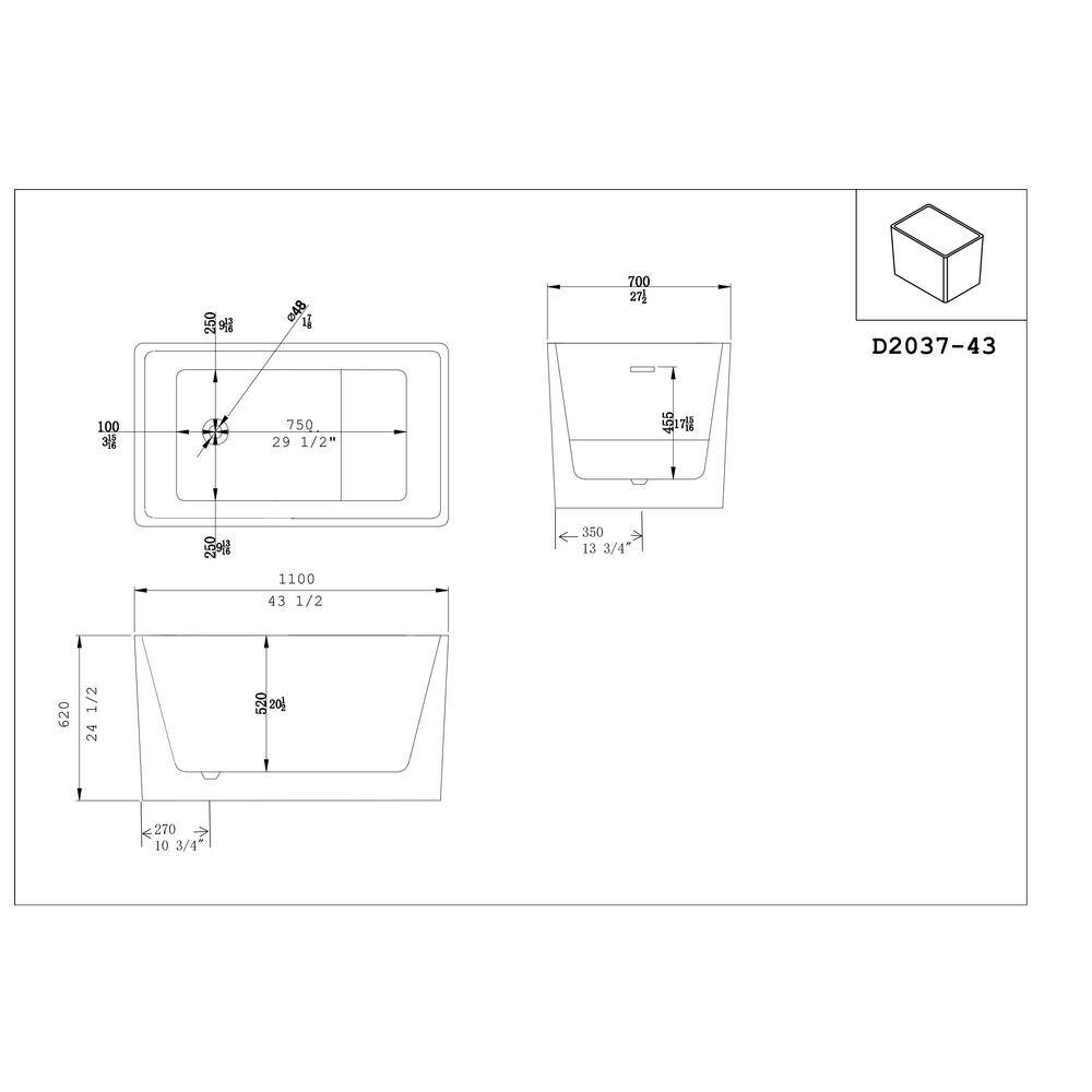 White Acrylic Rectangular Freestanding Soaking Bathtub, 44"
