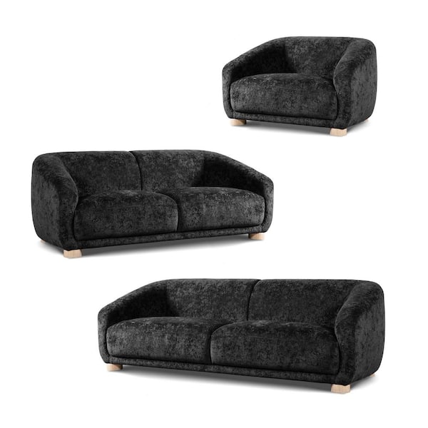 Furniture of America Waxley 3-Piece Black Chenille Sofa, Loveseat and Chair Living Room Set