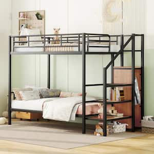 Black Twin over Twin Metal Bunk Bed with Wood Lateral Storage Staircase and Built-in Wardrobe