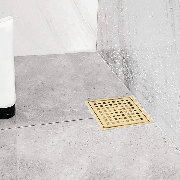 Satico Stainless Steel Square Shower Floor Drain with Square Pattern Drain Cover, Brushed Gold