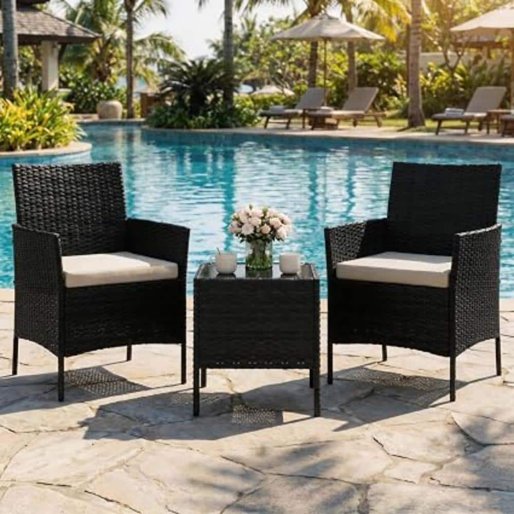 3-Piece PE Rattan Wicker Patio Set, All-Weather Chairs with Cushions & Tempered Glass Coffee Table, Black/Beige price history on PriceWatchPro