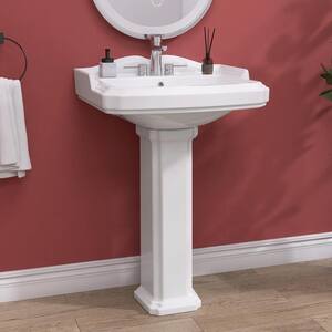 Vintage Rectangular Vitreous China Pedestal Combo Bathroom Ceramic Vessel Sink 4 in. Centerset Faucet Holes in White