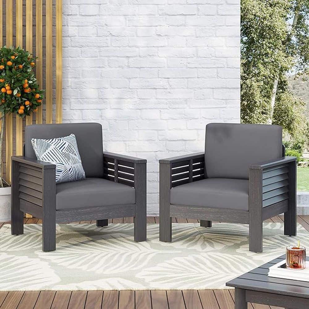 2 Piece Outdoor Acacia Wood Lounge Chair with Dark Gray Cushions, Patio Clu
