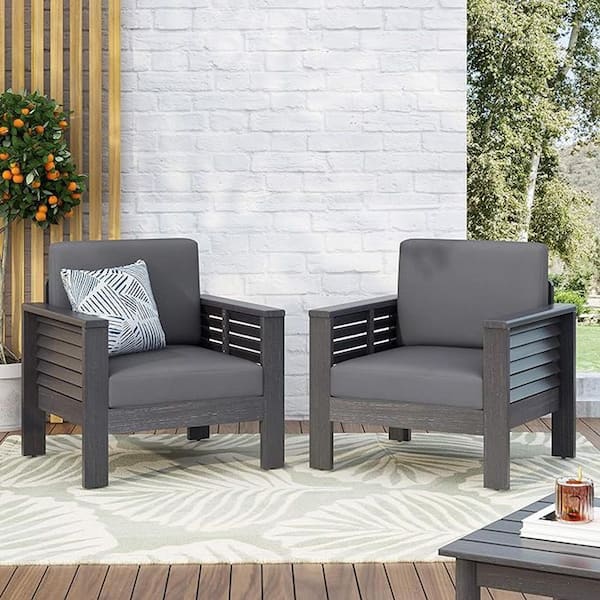 Unbranded 2 Piece Outdoor Acacia Wood Lounge Chair with Dark Gray Cushions, Patio Club Chairs for Patio, Deck, Yard and Garden