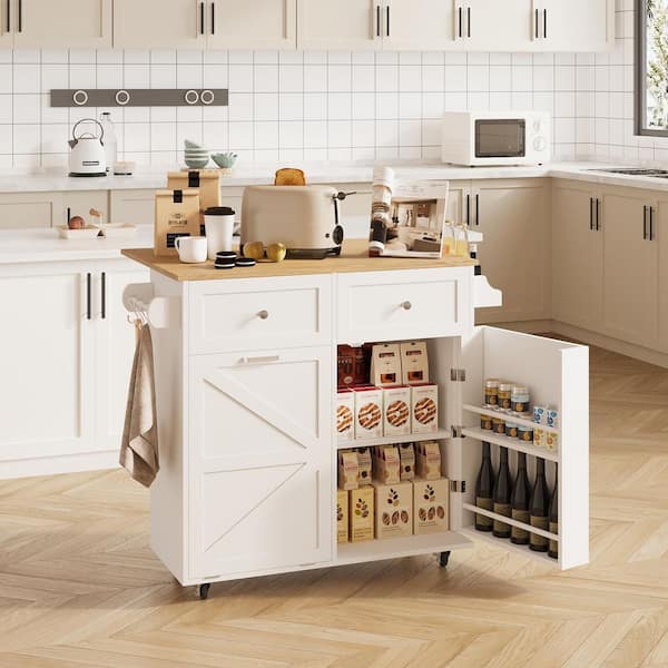 Puluomis White/Natural Wood 35.4 in. W Kitchen Island Dining Table with Adjustable Shelves and Drawer and Spice and Tower Racks