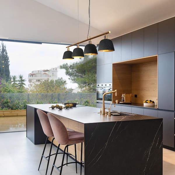 4-Light Black and Plating Brass Linear Chandelier for Kitchen Island with Bell Resin and Vintage Goldleaf Shades