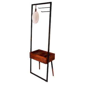 71 In. Brown and Black Metal Coat Stand with Mirror and 1 Drawer