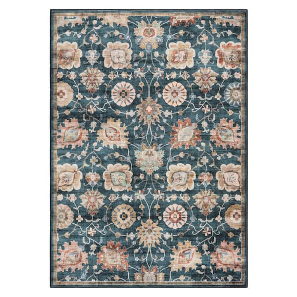 EVERWASH Haven 6 ft. x 9 ft. Blue Multi Damask Floral Washable Area Rug