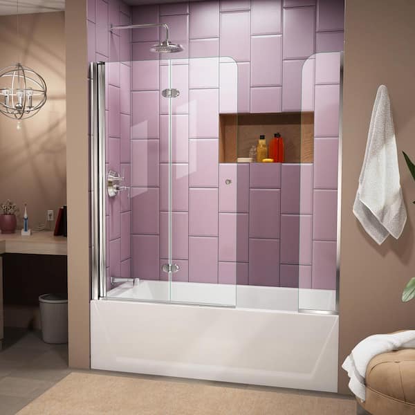 DreamLine Aqua Fold 56 in. to 60 in. x 58 in. Semi-Frameless Hinged Tub Door with Extender in Chrome