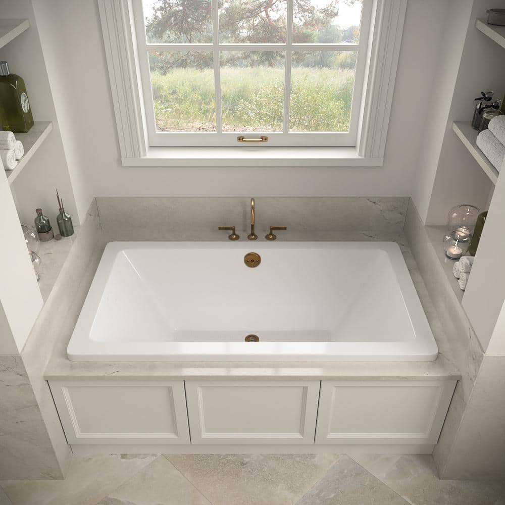 60" x 32" Glossy White Acrylic Soaking Drop-In Bathtub with Brushed Gold Drain