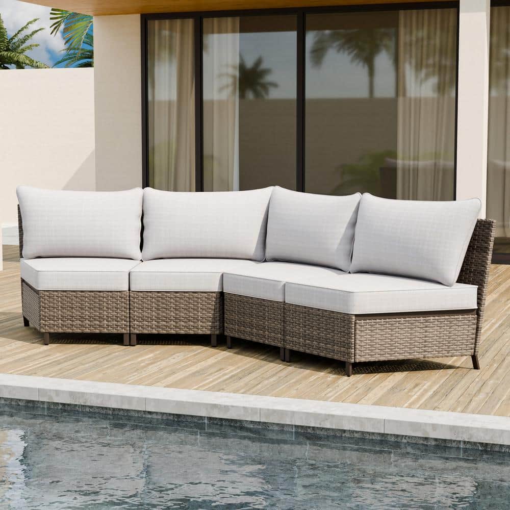 Beige Wicker 4-Person Armless Outdoor Patio Chair Set with Cushions