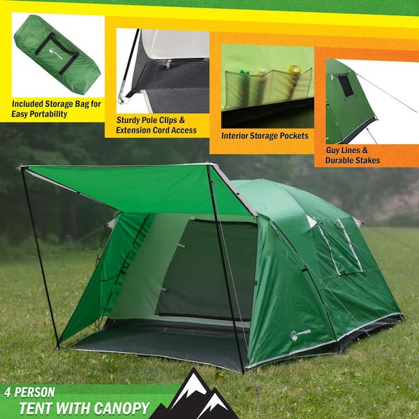 Wakeman 4 Person Camping Tent Water Resistant Outdoor Shelter with Attached Porch Canopy and Carrying Bag Green 75 CMP1121