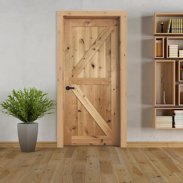 32 in. x 80 in. K Frame Right-Handed Solid Core Unfinished Knotty Alder Wood Single Prehung Interior Door with Casing