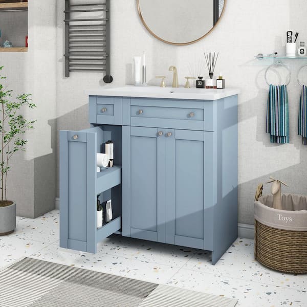Unbranded 30 in. W x 18 in. D x 34.5 in. H Freestanding Bath Vanity in Blue with Single Sink and Drawers