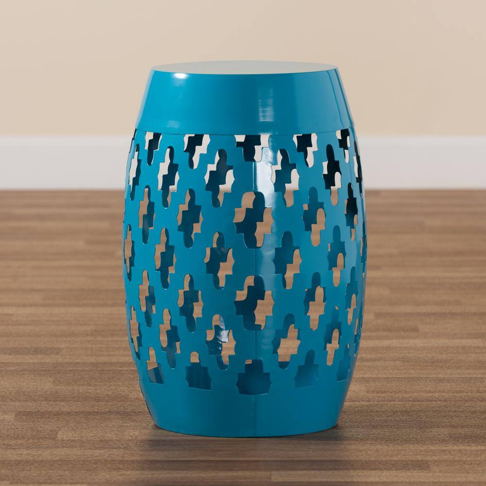 Blue Geometric Cut-Out Metal Barrel Side Table