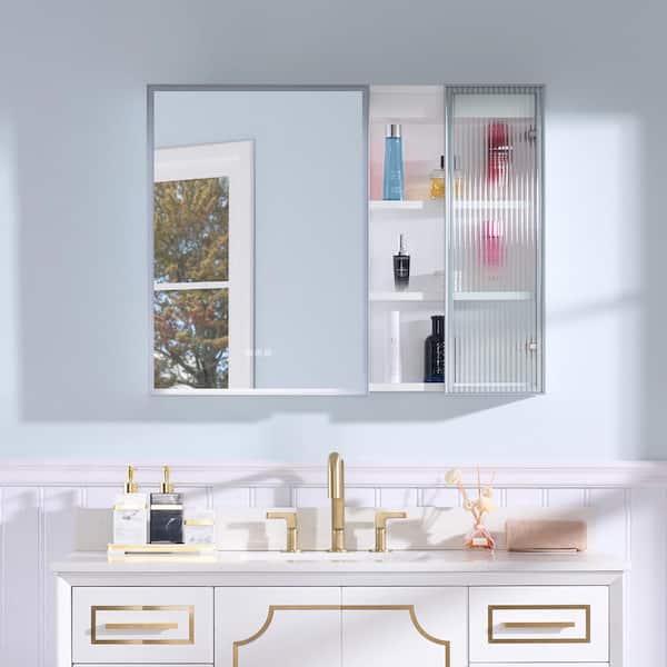 WELLFOR 36 in. W x 28 in. H Rectangular Dimmable Anti-fog LED Wood Surface Mount Medicine Cabinet with Mirror in White