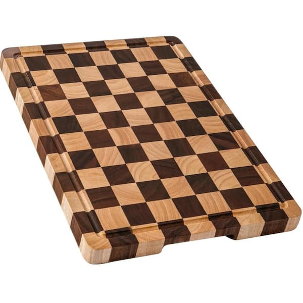 16.5 in. L x 11.6 in. W x 0.8 in. H Rectangular Checkered Wood Cutting Board with Juice Grooves and Handles for Kitchen