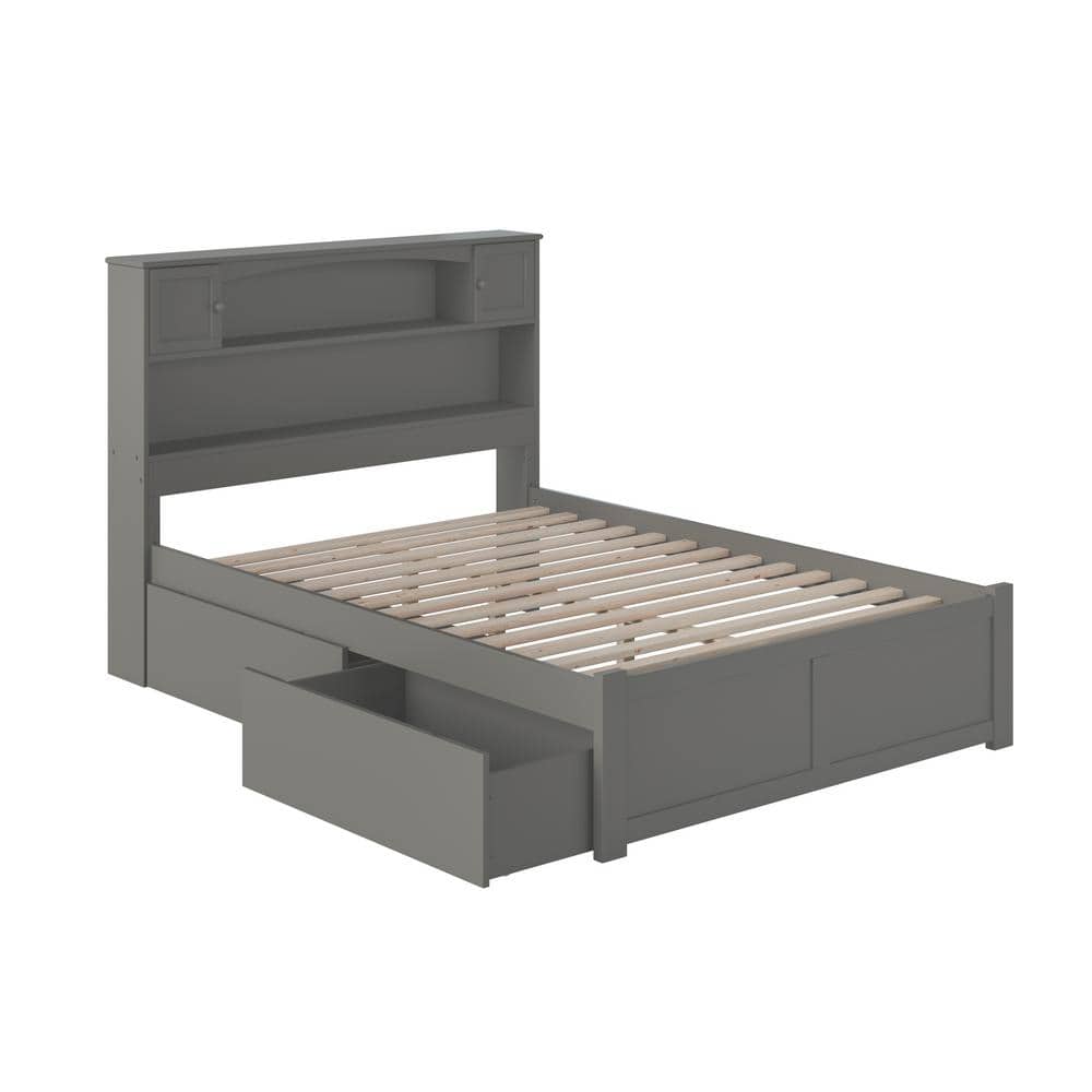 Gray Full Wood Platform Bed with Storage Drawers and Bookcase Headboard