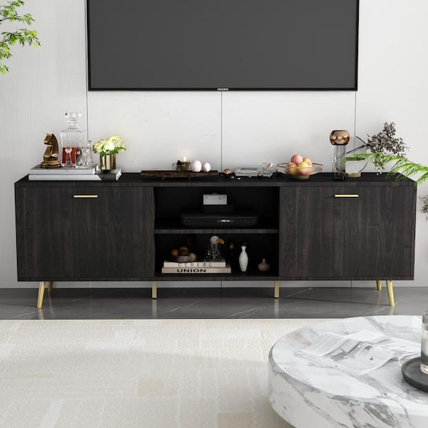 FUFU&GAGA 69 in. W Black Wood Entertainment Center TV Stand Console with Door Storage Cabinet for TV up to 75 in.