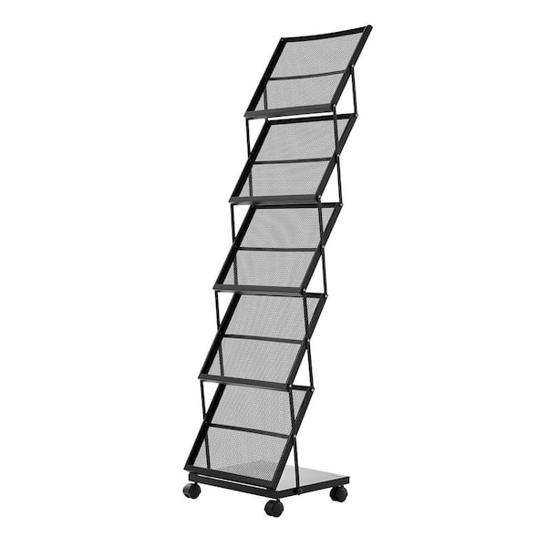 Brochure Display Rack, Movable Floor Standing Magazine Rack 15.35 in. W x 64.96 in. H with Wheels Black Metal
