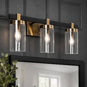 20 in. 3-Light Modern Antique Brass Bathroom Vanity Light, DIY Transitional Bath Light, Seeded Glass Black Wall Sconce