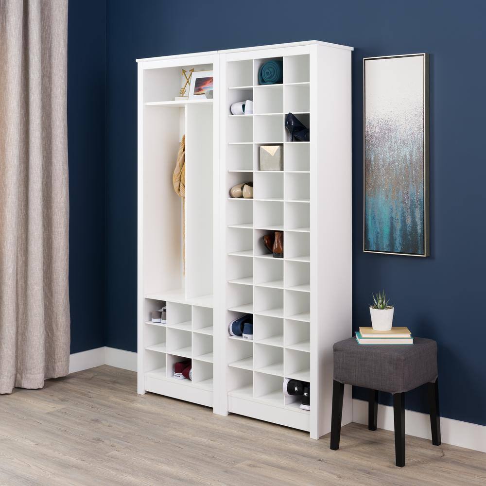 White Laminate Entryway Organizer with Shoe Storage and Coat Hooks