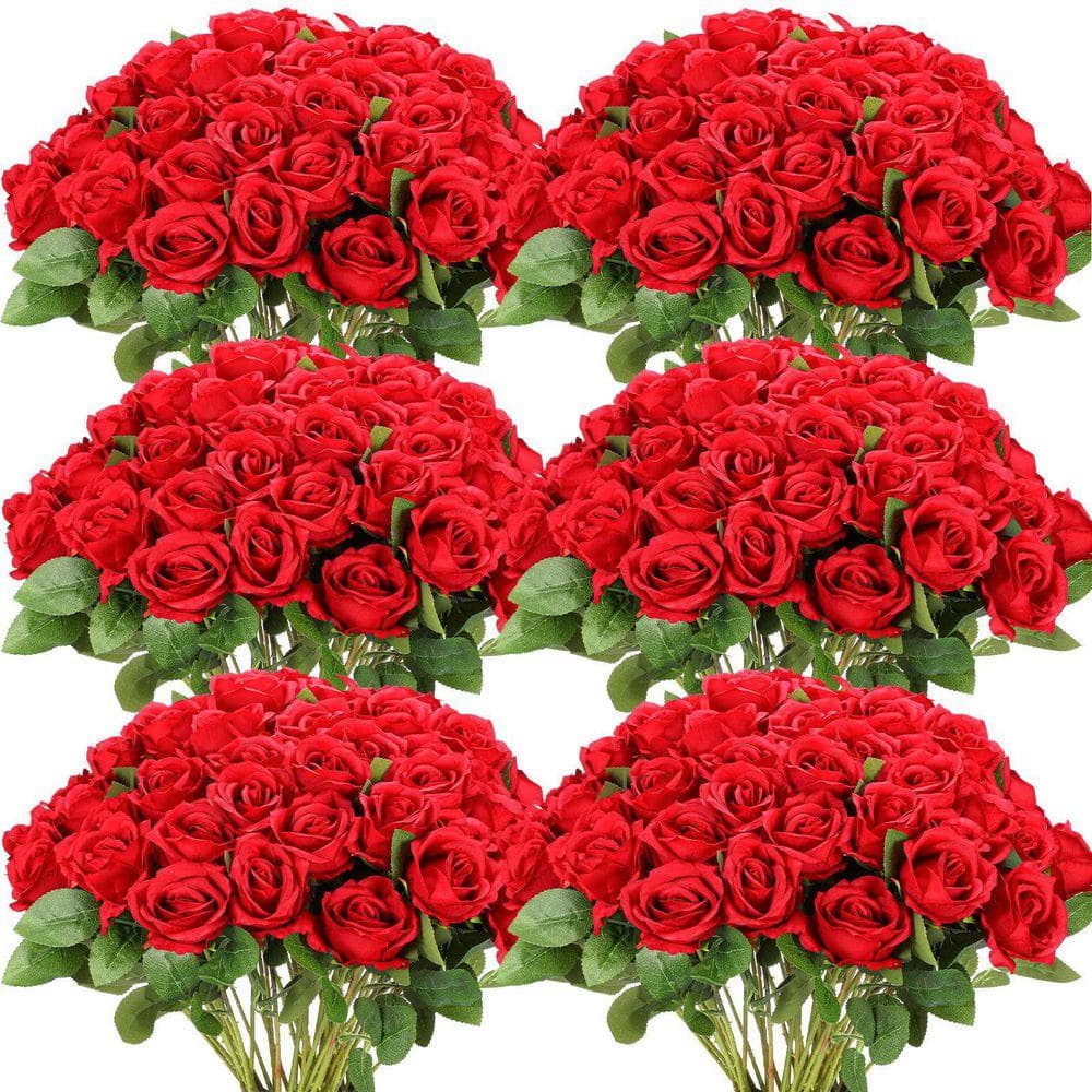 20 in. Red Outdoor Artificial Rose Plastic Flower for Home 50