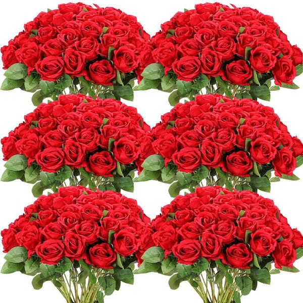 20 in. Red Outdoor Artificial Rose Plastic Flower for Home 50 Piece ...