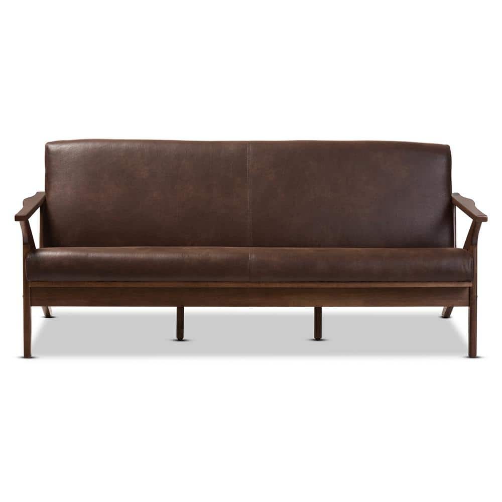 Walnut Wood Dark Brown Faux Leather 3-Seater Sofa