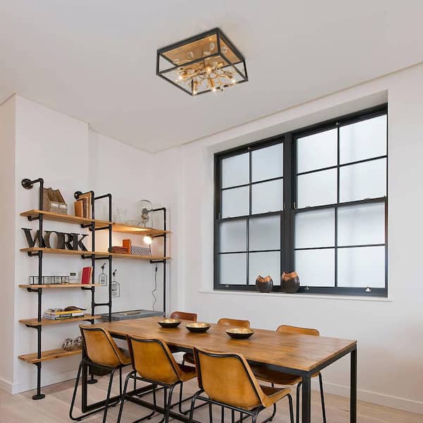 Y'INSP 15.75 In. 5-Light Black and Gold Modern Ceiling Light Square Branch Crystal Flush Mount Fixture with No Bulbs Included