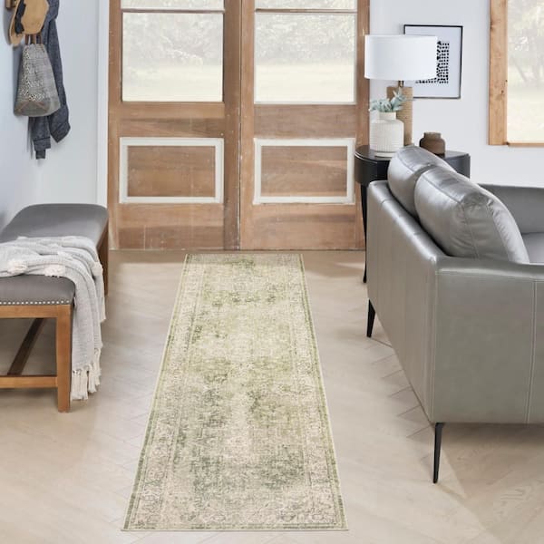 Astra Machine Washable Ivory Green 2 ft. x 8 ft. Center medallion Traditional Runner Area Rug