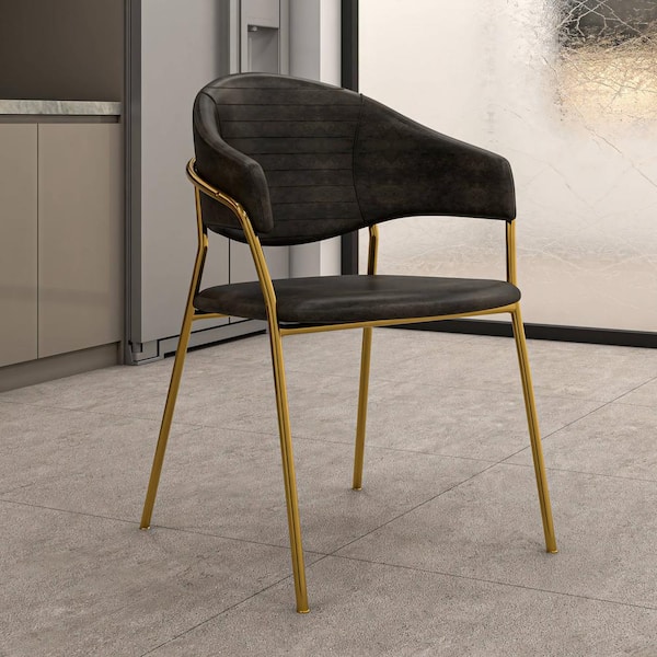 Leisuremod Upholstered Leather Dining Chair with Padded Seat and Gold Stainless Steel Base Bella Collection (Charcoal Leather)