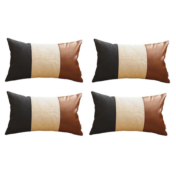 MIKE & Co. NEW YORK Bohemian Vegan Faux Leather Black and Ivory and Brown 12 in. x 20 in. Lumbar Solid Throw Pillow (Set of 4)