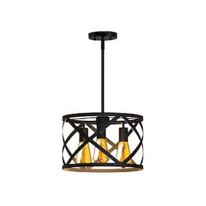 Ludwig 9 in. 21-Watt 3 Light Black Farmhouse Pendant Hanging Light with X-Cage Shade for Dining Room or Kitchen