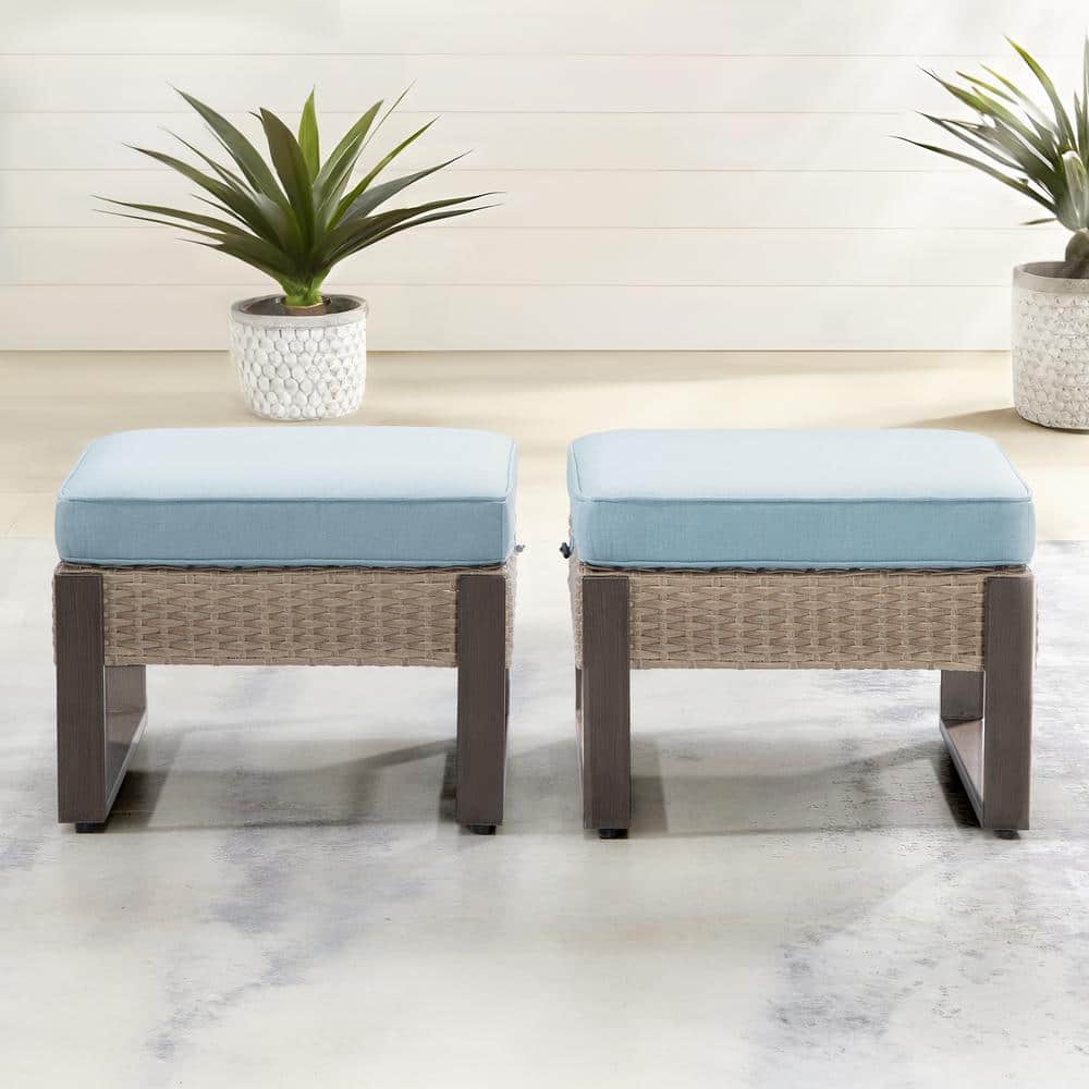JOYSIDE Wicker Outdoor Patio Ottoman with Steel Frame and Baby Blue Cushions (Set of 2) M26-LBU ...